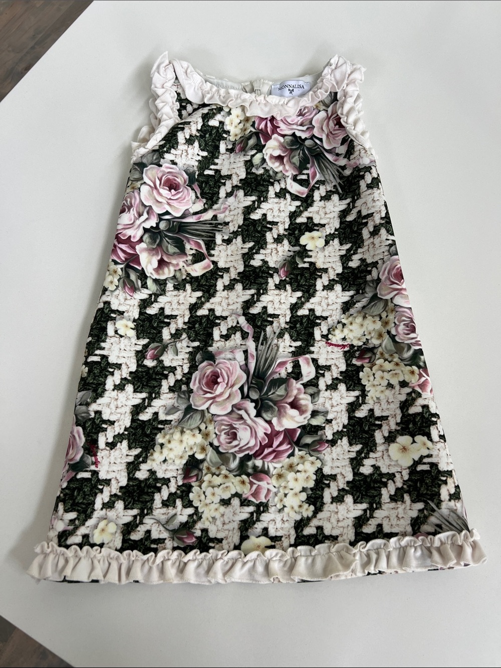 MONNALISA sleeveless floral houndstooth tweed effect print dress ruffled trim 2